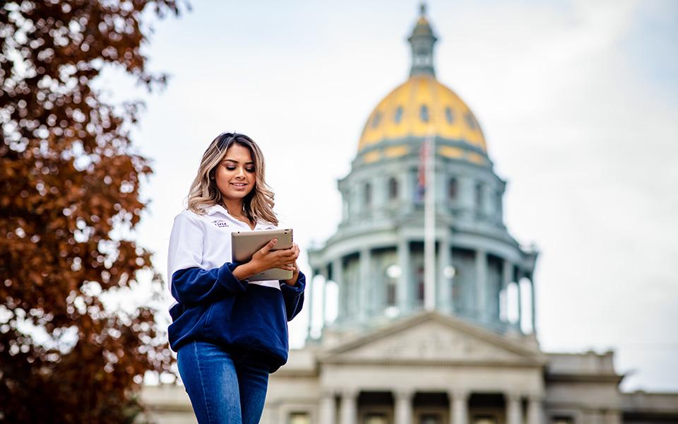 Online Learning Student at Denver Capitol Building