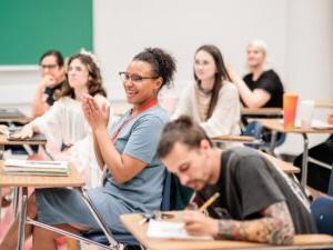 MSU Denver student, Kendall Tayler Whyht, in Egyptian Art class during finals week on May 3, 2023. Photo by Alyson McClaran