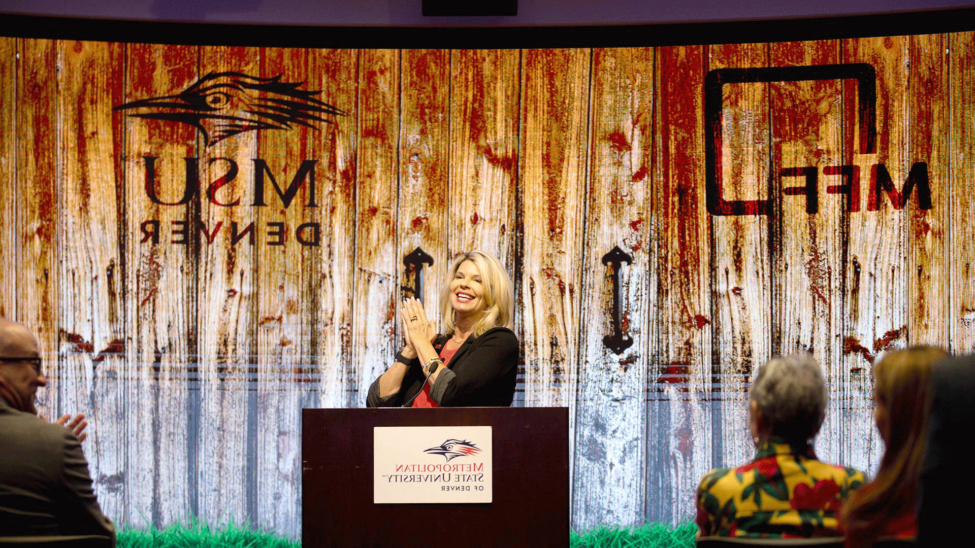 Carrie Morgridge, co-founder of the Morgridge Family Foundation, speaks during an event announcing the foundation's financial support for MSU Denver's Classroom to Career Hub.