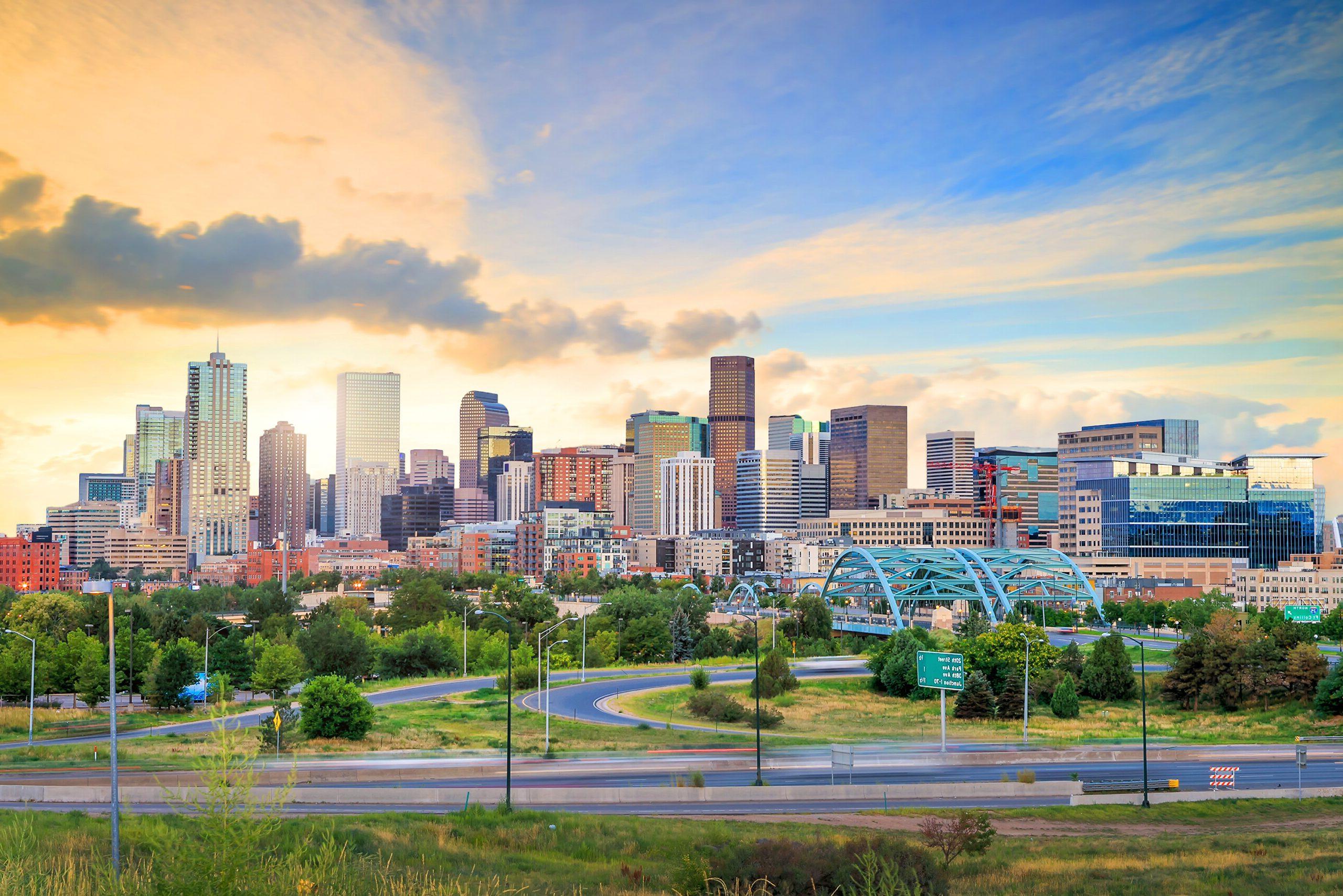 Panorama of Denver skyline at twilight.