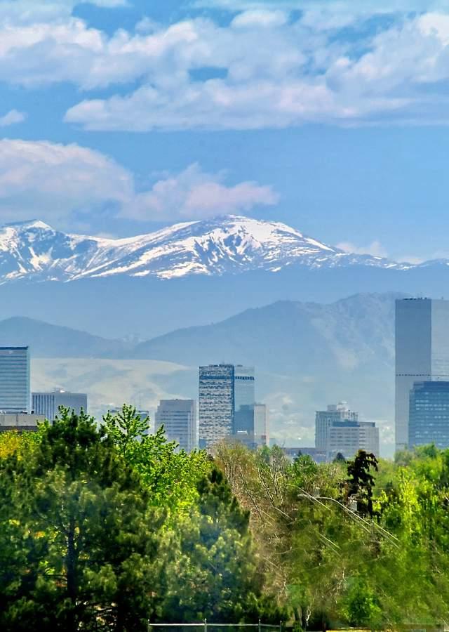 Denver daytime skyline with trees and snowcapped mountains.