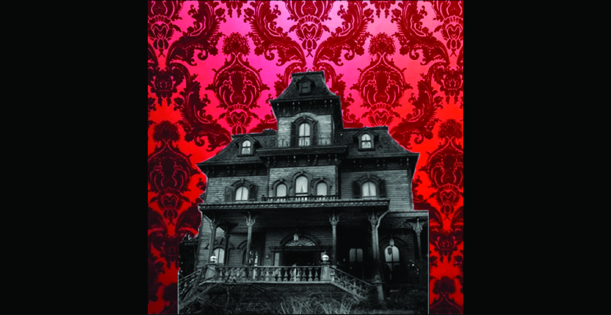 Black and white three story house in front of a dark and light red wallpaper background