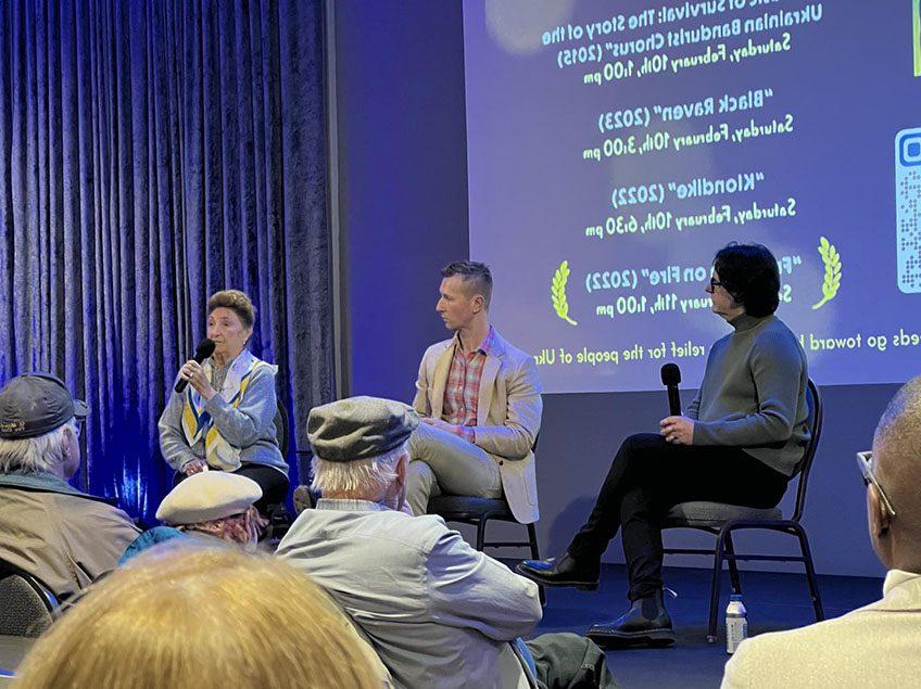 Dr. Vincent Piturro, professor of film and media studies, George Wyhinny, Director of Black Raven (2022), and Producer, Luba Keske at Cinema of Survival: Ukrainian Film Festival