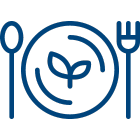 blue icon of fork, plate with plant and spoon