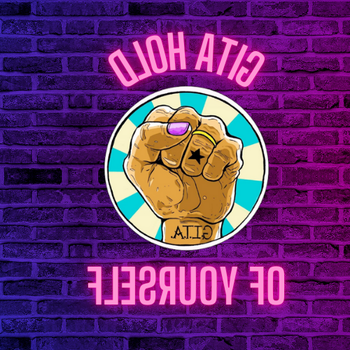 Purple and pink brick background with round GITA fist logo in center. GITA's podcast title 'GITA Hold of Yourself' written above and below the logo.