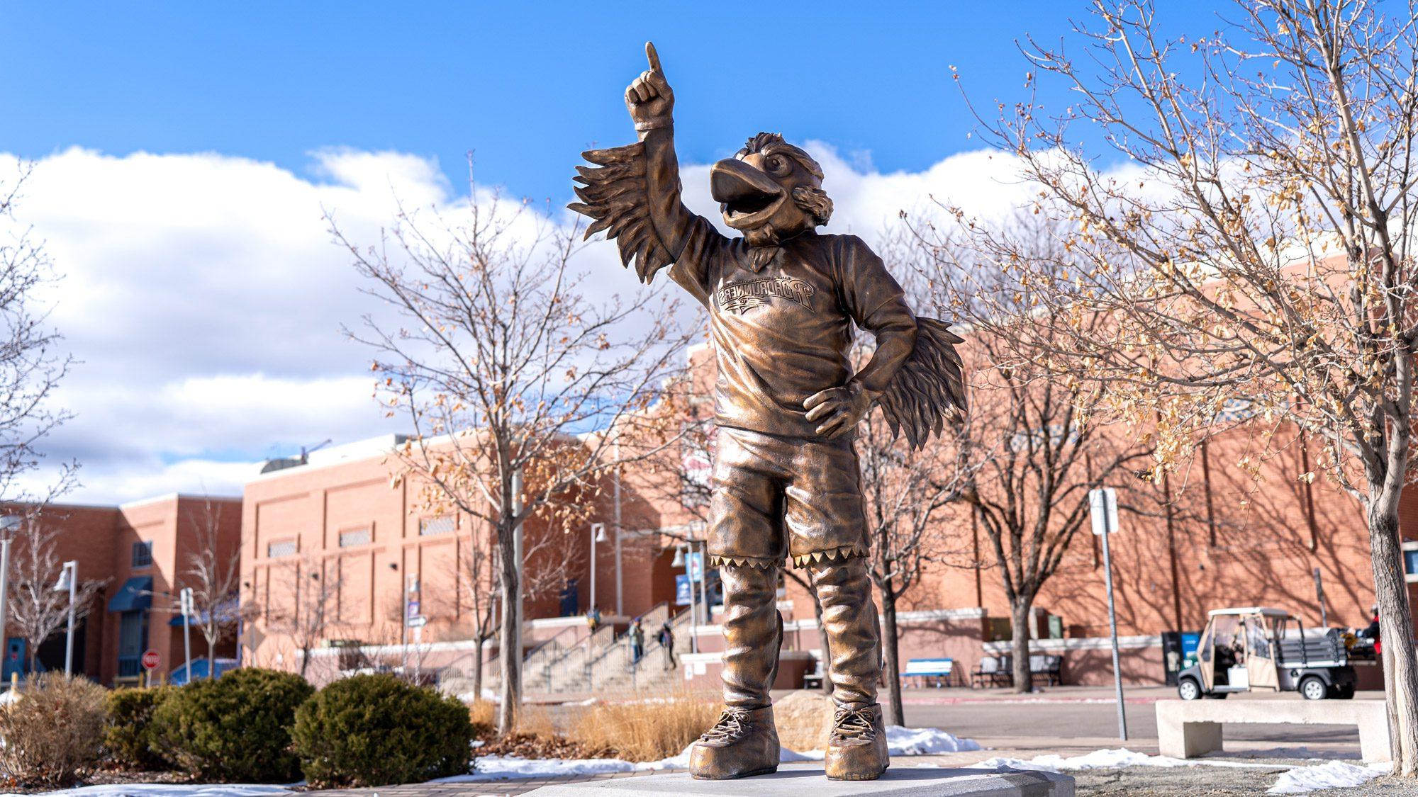 The Rowdy the Roadrunner statue in front of the Tivoli on a sunny afternoon in January 2024