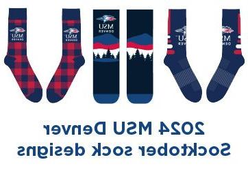 MSU Denver's 2024 Socktober designs with the text 2024 MSU Denver Socktober sock designs. The three designs feature the MSU Denver logo and are all red and blue. One version is striped, another is plaid, and the athletic sock features mountains and pine trees.